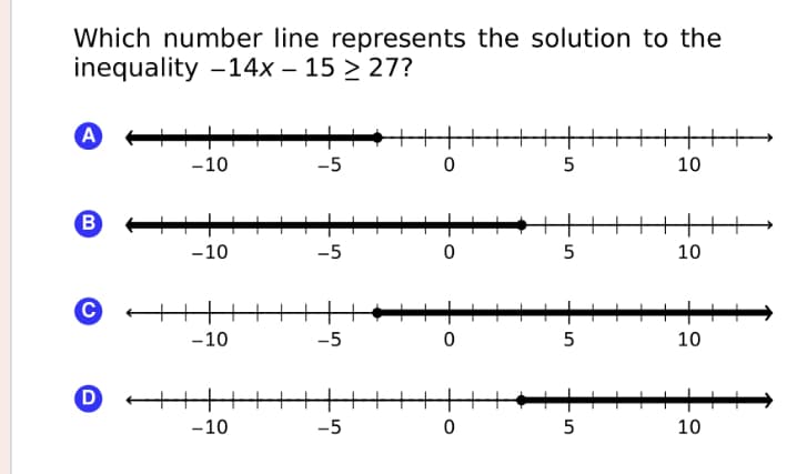 Which number line represents the solution to the
inequality -14x – 15 > 27?
-10
-5
10
B
-10
-5
10
-10
-5
5
10
++
-10
-5
10
