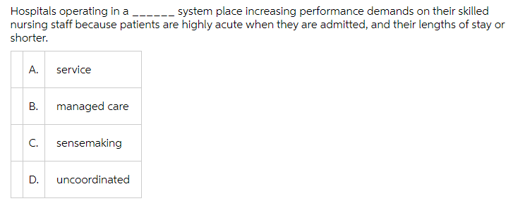 Hospitals operating in a
system place increasing performance demands on their skilled
nursing staff because patients are highly acute when they are admitted, and their lengths of stay or
shorter.
A. service
B. managed care
C.
sensemaking
D. uncoordinated