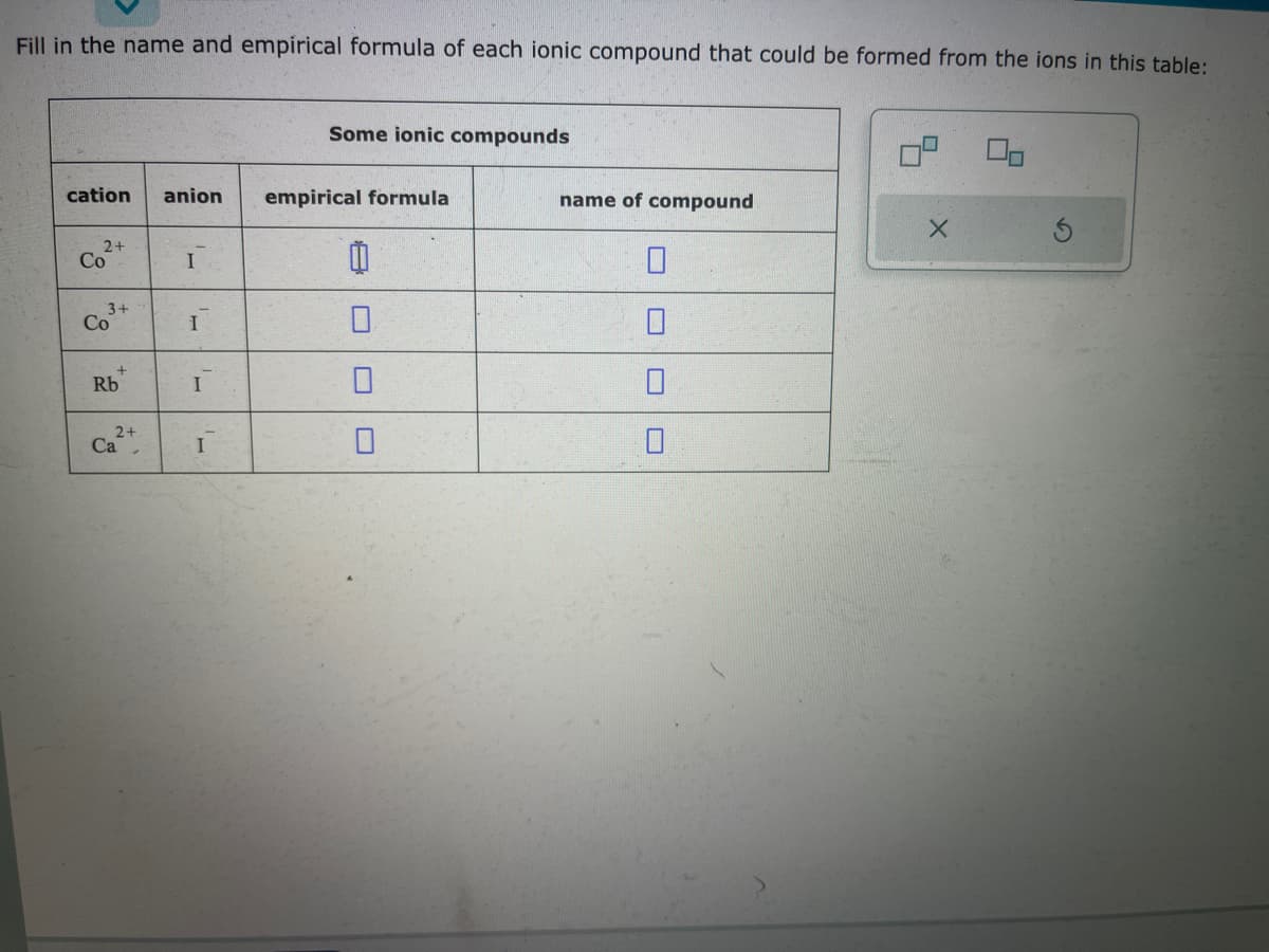 Fill in the name and empirical formula of each ionic compound that could be formed from the ions in this table:
cation anion
2+
Co
3+
Co
+
Rb
2+
Ca
I
I
I
I
Some ionic compounds
empirical formula
00
name of compound
X