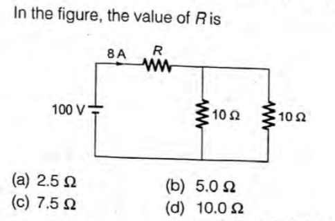 In the figure, the value of Ris
8A
R
100 V=
10 N
10
(a) 2.5 2
(c) 7.5 2
(b) 5.0 2
(d) 10.0 2
ww
