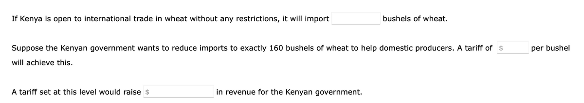 If Kenya is open to international trade in wheat without any restrictions, it will import
Suppose the Kenyan government wants to reduce imports to exactly 160 bushels of wheat to help domestic producers. A tariff of $
will achieve this.
A tariff set at this level would raise $
bushels of wheat.
in revenue for the Kenyan government.
per bushel