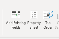 ### User Interface Ribbon Options

This section provides an overview of some functionality available within a software interface. The depicted icons and their respective functions are explained below:

1. **Add Existing Fields:**
   - Icon: A table with an arrow pointing towards it.
   - Function: Use this option to add fields that already exist to your current project or form. This can streamline integration by allowing you to reuse previous data structures or input areas.

2. **Property Sheet:**
   - Icon: A list with lines and checkboxes.
   - Function: Selecting this option will open the property sheet, which provides detailed settings for the selected object. It is commonly used to adjust properties such as size, color, text, and behavior.

3. **Tab Order:**
   - Icon: A table with directional arrows.
   - Function: This feature allows you to set the order in which the fields are tabbed through when the user presses the Tab key. This is critical for form usability as it dictates how users will navigate through the interface.

These tools form part of the development and customization environment aimed at enhancing usability and functionality in data management and form design. Understanding how to use these options correctly can significantly improve the efficiency of your work with forms and databases.
