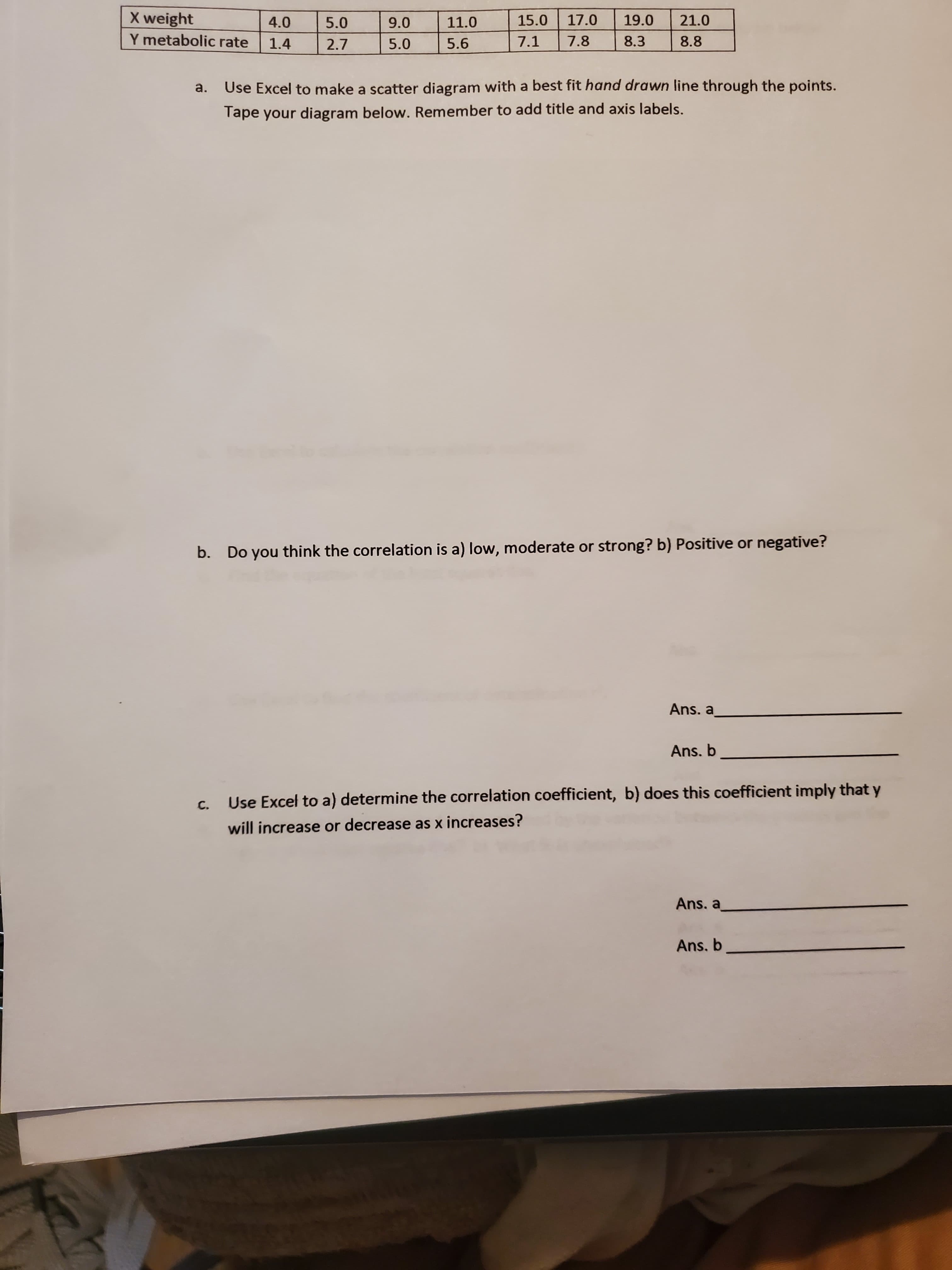 а.
Use Excel to make a scatter diagram with a best fit hand drawn line through the points.
Tape your diagram below. Remember to add title and axis labels.
b.
Do you think the correlation is a) low, moderate or strong? b) Positive or negative?
Ans. a
Ans. b
С.
Use Excel to a) determine the correlation coefficient, b) does this coefficient imply that
will increase or decrease as x increases?
Ans, a
Ans, b

