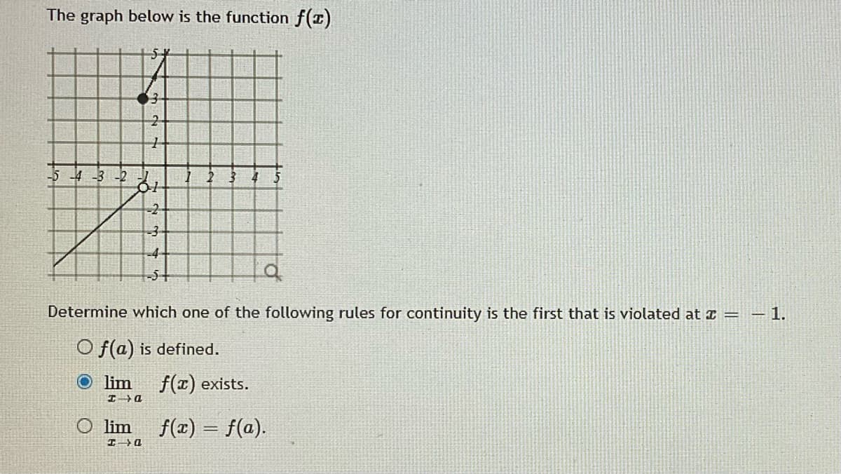 The graph below is the function f(x)
-3 -2 I
-2
-4-
Determine which one of the following rules for continuity is the first that is violated at a =
-1.
O f(a) is defined.
lim
f(x) exists.
D-エ
O lim
f(x) = f(a).
