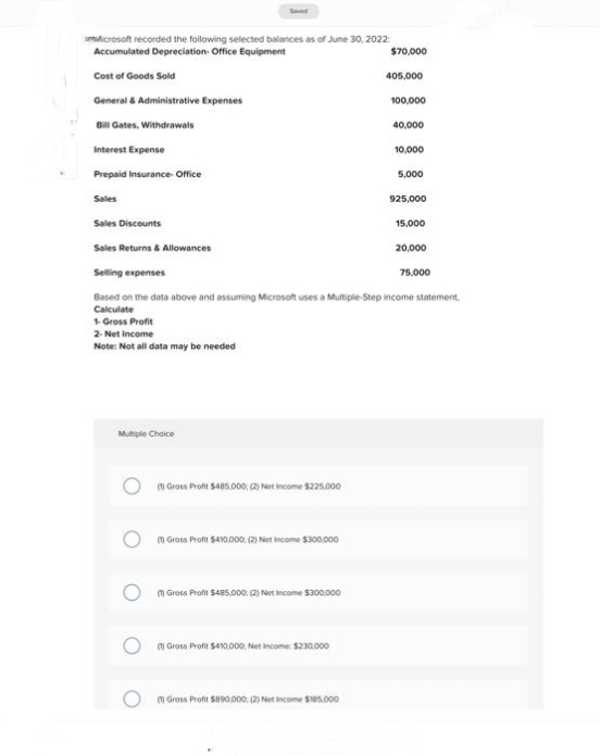 microsoft recorded the following selected balances as of June 30, 2022:
Accumulated Depreciation- Office Equipment
Cost of Goods Sold
General & Administrative Expenses
Bill Gates, Withdrawals
Interest Expense
Prepaid Insurance-Office
Sales
1-Gross Profit
2- Net Income
Note: Not all data may be needed
Multiple Choice
(1) Gross Profit $485.000; (2) Net Income $225.000
(1) Gross Profit $410,000; (2) Net Income $300,000
(1) Gross Profit $485,000; (2) Net Income $300.000
(1) Gross Profit $410,000; Net Income: $230,000
$70,000
Sales Discounts
Sales Returns & Allowances
Selling expenses
Based on the data above and assuming Microsoft uses a Multiple-Step income statement
Calculate
(1) Gross Profit $890,000; (2) Net Income $185.000
405,000
100,000
40,000
10,000
5,000
925,000
15,000
20,000
75,000