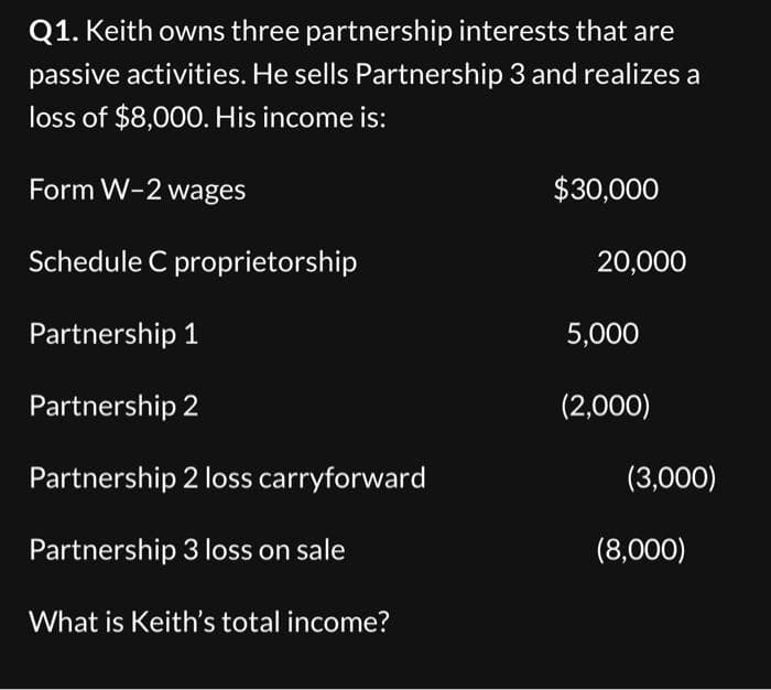 Q1. Keith owns three partnership interests that are
passive activities. He sells Partnership 3 and realizes a
loss of $8,000. His income is:
Form W-2 wages
Schedule C proprietorship
Partnership 1
Partnership 2
Partnership 2 loss carryforward
Partnership 3 loss on sale
What is Keith's total income?
$30,000
20,000
5,000
(2,000)
(3,000)
(8,000)