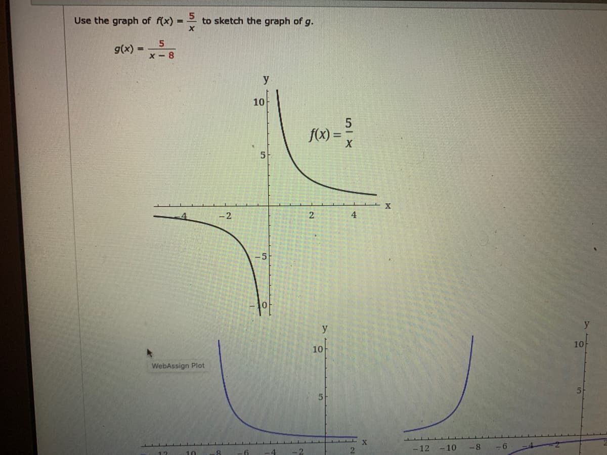 Use the graph of f(x) =
to sketch the graph of g.
5
g(x)
x - 8
10
f(x) =
%3D
5
-2
2
4
-5
y.
10
10
WebAssign Plot
2.
-12 -10
-8
12
10
