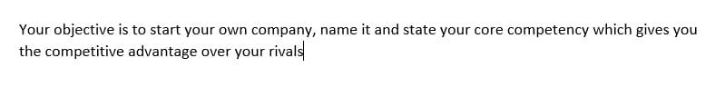 Your objective is to start your own company, name it and state your core competency which gives you
the competitive advantage over your rivals
