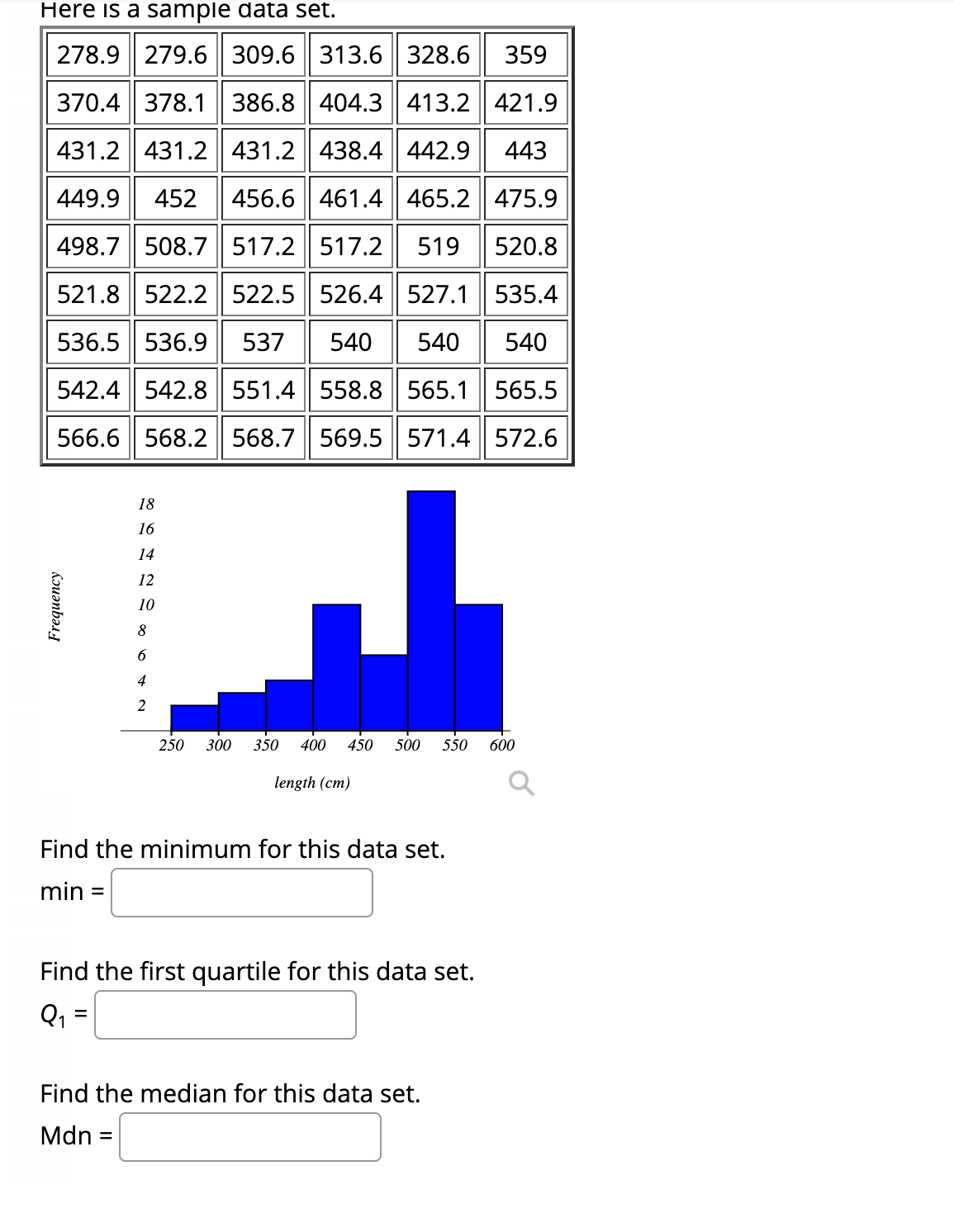 Here is a sample data set.
278.9 279.6 309.6 313.6 328.6
359
370.4 378.1 386.8 404.3 413.2 421.9
431.2 431.2 431.2 438.4 | 442.9
443
449.9
452
456.6 461.4 465.2| 475.9
498.7 508.7 517.2 517.2
519
520.8
521.8 522.2 522.5 | 526.4 527.1 535.4
536.5 536.9 537
540
540
540
542.4 542.8 551.4 558.8 565.1 565.5
566.6 568.2 568.7 569.5| 571.4 572.6
18
16
14
12
10
8
6.
4
2
250
300
350
400
450
500
550
600
length (cm)
Find the minimum for this data set.
min =
Find the first quartile for this data set.
Q1 =
Find the median for this data set.
Mdn =
Frequency
