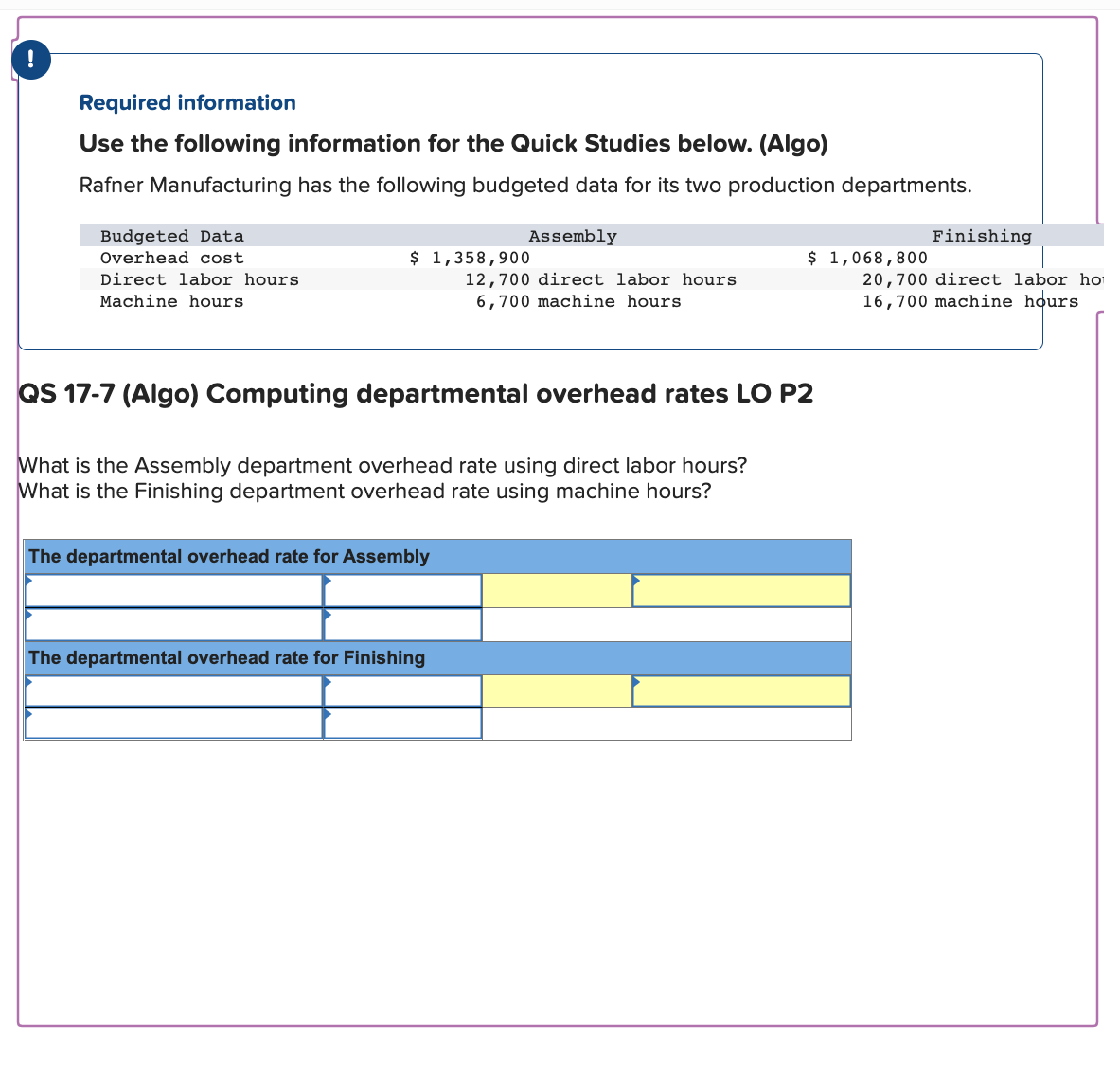 Required information
Use the following information for the Quick Studies below. (Algo)
Rafner Manufacturing has the following budgeted data for its two production departments.
Budgeted Data
Overhead cost
Direct labor hours
Machine hours
$ 1,358,900
Assembly
12,700 direct labor hours.
6,700 machine hours
The departmental overhead rate for Assembly
QS 17-7 (Algo) Computing departmental overhead rates LO P2
What is the Assembly department overhead rate using direct labor hours?
What is the Finishing department overhead rate using machine hours?
The departmental overhead rate for Finishing
$ 1,068,800
Finishing
20,700 direct labor ho
16,700 machine hours