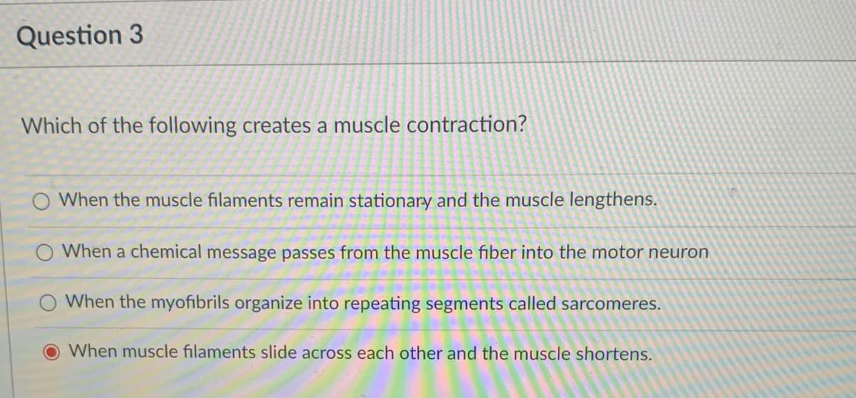 Question 3
Which of the following creates a muscle contraction?
O When the muscle filaments remain stationary and the muscle lengthens.
O When a chemical message passes from the muscle fiber into the motor neuron
O When the myofibrils organize into repeating segments called sarcomeres.
When muscle filaments slide across each other and the muscle shortens.
