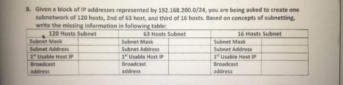 B. Given a block of IP addresses represented by 192.168.200.0/24, you are being asked to create one
subnetwork of 120 hosts, 2nd of 63 host, and third of 16 hosts. Based on concepts of subnetting,
write the missing information in following table:
120 Hosts Subnet
Subnet Mask
63 Hosts Subnet
16 Hosts Subnet
Subnet Mask
Subnet Mask
Subnet Address
Subnet Address
Subnet Address
1 Usable Host IP
1st Usable Host IP
1st Usable Host IP
Broadcast
Broadcast
Broadcast
address
address
address
