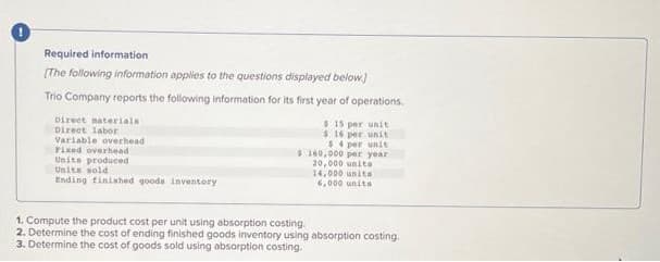 Required information
[The following information applies to the questions displayed below.]
Trio Company reports the following information for its first year of operations.
Direct materials
Direct labor
Variable overhead
Fixed overhead
Units produced
Units sold
Ending finished goods inventory
$15 per unit
$ 16 per unit
$4 per unit
$ 160,000 per year
20,000 units
14,000 units
6,000 units
1. Compute the product cost per unit using absorption costing.
2. Determine the cost of ending finished goods inventory using absorption costing.
3. Determine the cost of goods sold using absorption costing.