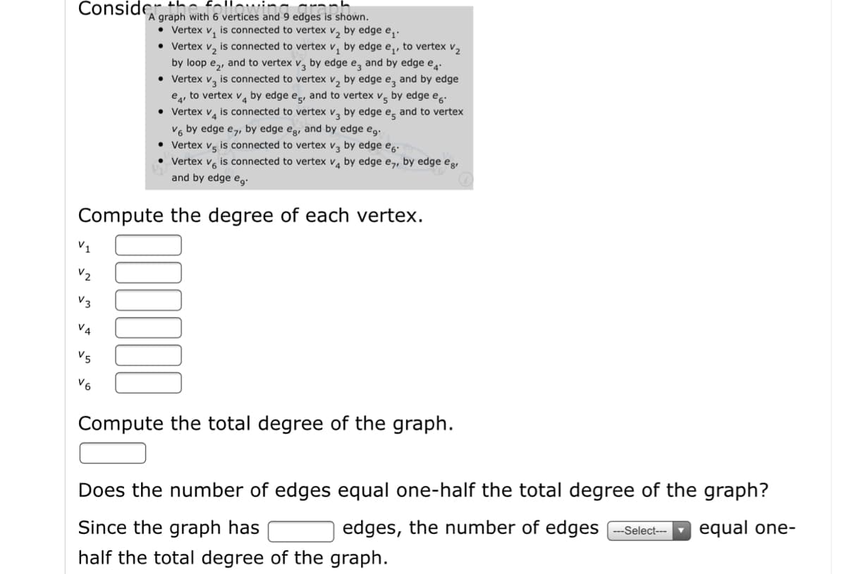 Conside graph with 6 vertices and 9 edges is shown.
Vertex v, is connected to vertex v, by edge e,.
• Vertex v, is connected to vertex v, by edge e,, to vertex v,
by loop e,, and to vertex v, by edge e, and by edge e.
• Vertex
e4, to vertex v4 by edge e-, and to vertex v, by edge e
• Vertex v, is connected to vertex v, by edge e, and to vertex
V3
is connected to vertex v, by edge e, and by edge
V6 by edge e,, by edge eg, and by edge eg.
• Vertex v, is connected to vertex v, by edge eg.
Vertex v is connected to vertex v by edge e,, by edge eg,
and by edge eg:
Compute the degree of each vertex.
V1
V2
V3
V4
V5
V6
Compute the total degree of the graph.
Does the number of edges equal one-half the total degree of the graph?
equal one-
Since the graph has
edges, the number of edges --Select-
half the total degree of the graph.
