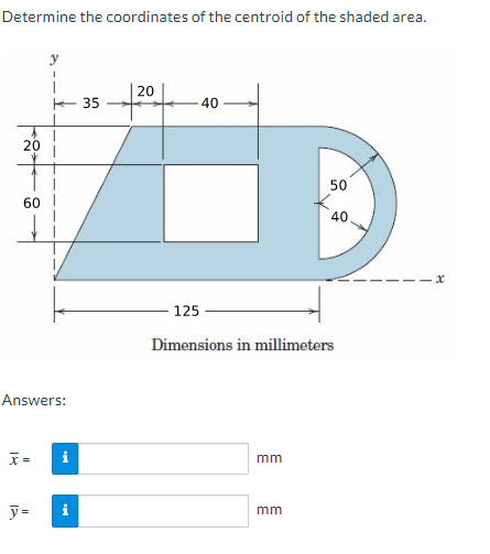 Determine the coordinates of the centroid of the shaded area.
+0.
Answers:
x =
1
y=
i
35
20
40
mm
50
125
Dimensions in millimeters
mm
40
x