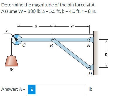 Determine the magnitude of the pin force at A.
Assume W = 830 lb, a = 5.5 ft, b = 4.0 ft, r = 8 in.
r
W
с
Answer: A = i
a
B
a
A
D
lb
b