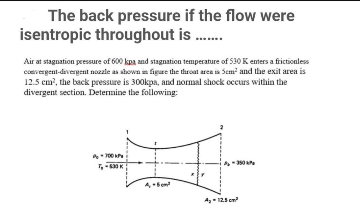 The back pressure if the flow were
isentropic throughout is.......
Air at stagnation pressure of 600 kpa and stagnation temperature of 530 K enters a frictionless
convergent-divergent nozzle as shown in figure the throat area is 5cm² and the exit area is
12.5 cm², the back pressure is 300kpa, and normal shock occurs within the
divergent section. Determine the following:
2
Po-700 kPa
To-530 K
A₁-5 cm²
P-350 kPa
A₂ = 12.5 cm²