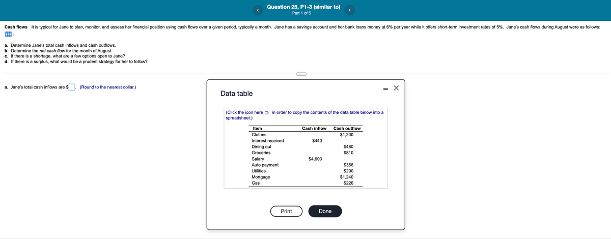 Question 25, P1-3 (similar to)
Part 1 of 5
Cash flows It is typical for Jane to plan, monitor, and assess her financial position using cash flows over a given period, typically a month. Jane has a savings account and her bank loans money at 6% per year while it offers short-term investment rates of 5%. Jane's cash flows during August were as follows:
a. Determine Jane's total cash inflows and cash outflows.
b. Determine the net cash flow for the month of August.
c. If there is a shortage, what are a few options open to Jane?
d. If there is a surplus, what would be a prudent strategy for her to follow?
--.
a. Jane's total cash inflows are $
(Round to the nearest dollar.)
Data table
(Click the icon here a in order to copy the contents of the data table below into a
spreadsheet.)
Item
Cash inflow
Cash outflow
Clothes
$1,200
Interest received
$440
$480
$810
Dining out
Groceries
Salary
Auto payment
$4,600
$356
$290
$1,240
$226
Utilities
Mortgage
Gas
Print
Done
