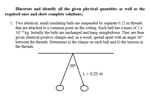 Illustrate and identify all the given physical quantities as well as the
required ones and show complete solutions.
1. Two identical, small insulating balls are suspended by separate 0.25 m threads
that are attached to a common point on the ceiling. Each ball has a mass of 2 x
10-3 kg. Initially the balls are uncharged and hang straightdown. They are then
given identical positive charges and, as a result, spread apart with an angle 36°
between the threads. Determine a) the charge on each ball and b) the tension in
the threads.
360
L= 0.25 m
