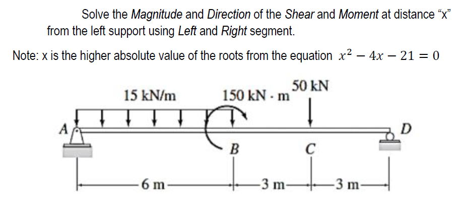 Solve the Magnitude and Direction of the Shear and Moment at distance "x"
from the left support using Left and Right segment.
Note: x is the higher absolute value of the roots from the equation x² − 4x − 21 = 0
50 kN
15 kN/m
150 kN - m
Į
C
6 m
f
B
-3 m-
-3 m-