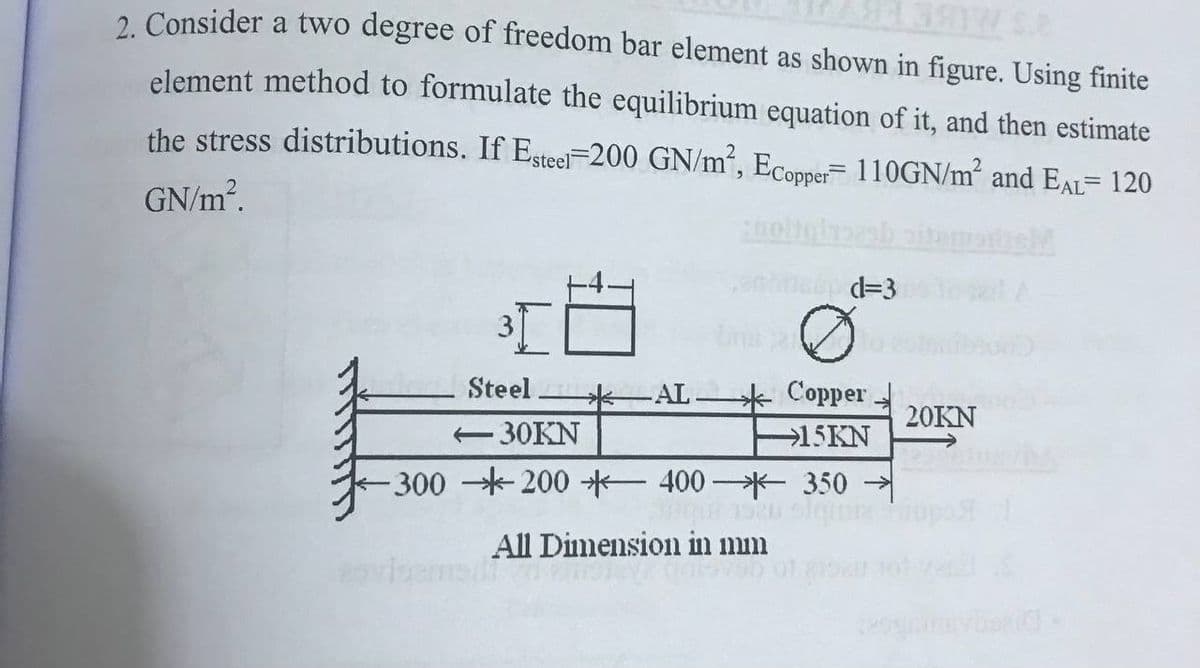 2 Consider a two degree of freedom bar element as shown in figure. Using finite
element method to formulate the equilibrium equation of it, and then estimate
the stress distributions. If Esteel 200 GN/m², Ecopper= 110GN/m² and EAL= 120
GN/m.
d=3
Steel AL-
Copper
20KN
-30KN
→15KN
300 200* 400 - 350 →
All Dimension in mm
