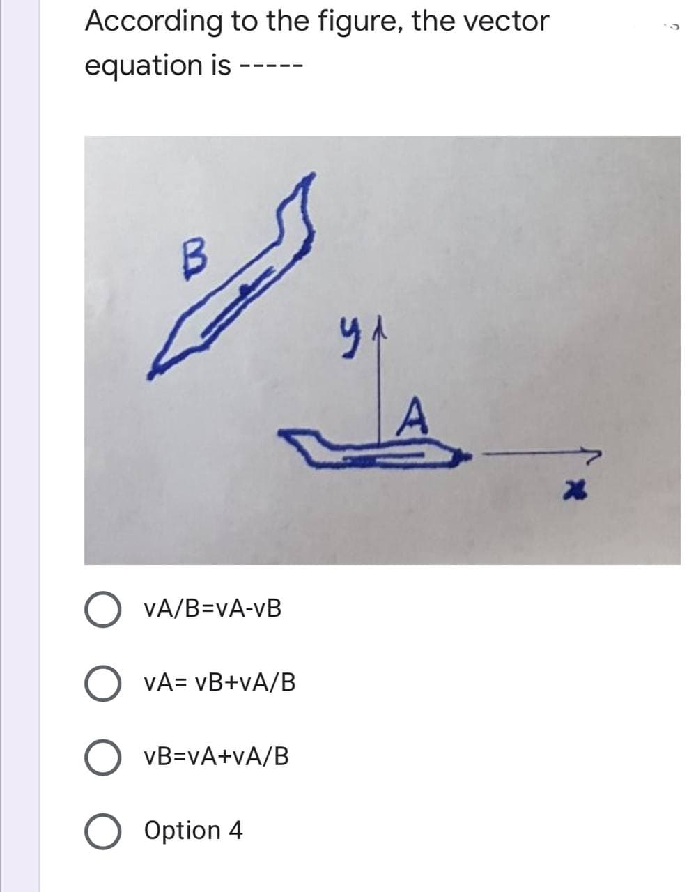 According to the figure, the vector
equation is
VA/B=vA-vB
VA= vB+vA/B
vB=vA+vA/B
Option 4
