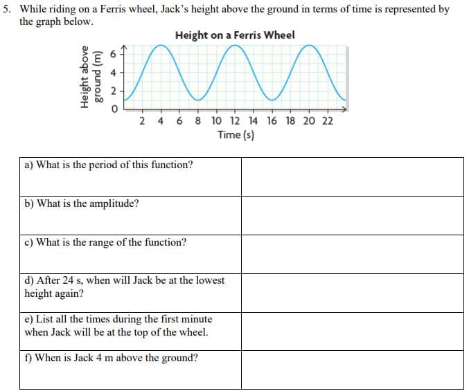 5. While riding on a Ferris wheel, Jack's height above the ground in terms of time is represented by
the graph below.
Height on a Ferris Wheel
2 4 6 8 10 12 14 16 18 20 22
Time (s)
a) What is the period of this function?
b) What is the amplitude?
c) What is the range of the function?
d) After 24 s, when will Jack be at the lowest
height again?
e) List all the times during the first minute
when Jack will be at the top of the wheel.
f) When is Jack 4 m above the ground?
2.
(w) puno18
Height above
