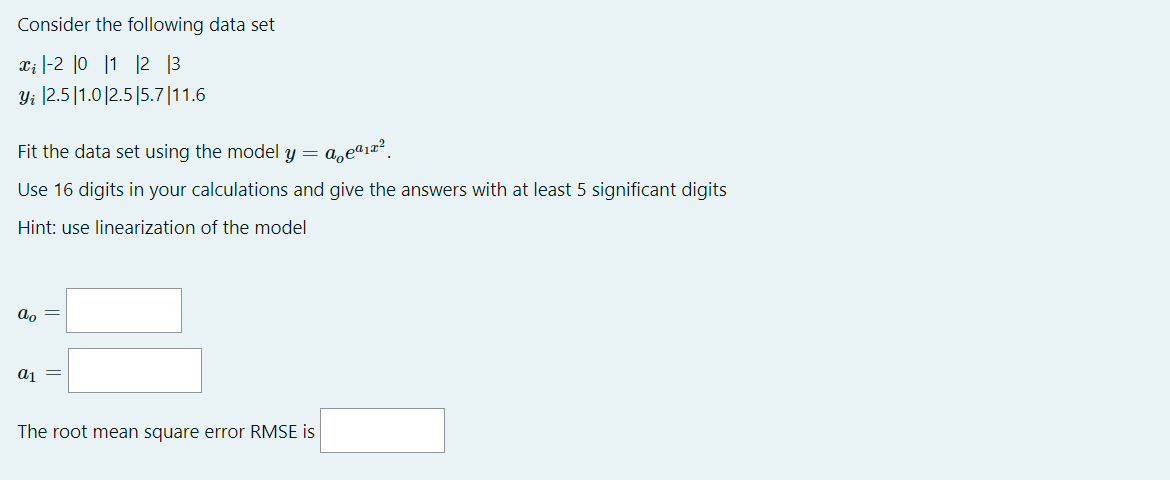 Consider the following data set
x₁ -2 0 11 12 13
yi 2.5 11.0 12.5 15.7 11.6
Fit the data set using the model y =
aeª¹x²
Use 16 digits in your calculations and give the answers with at least 5 significant digits
Hint: use linearization of the model
ao =
a1 =
The root mean square error RMSE is