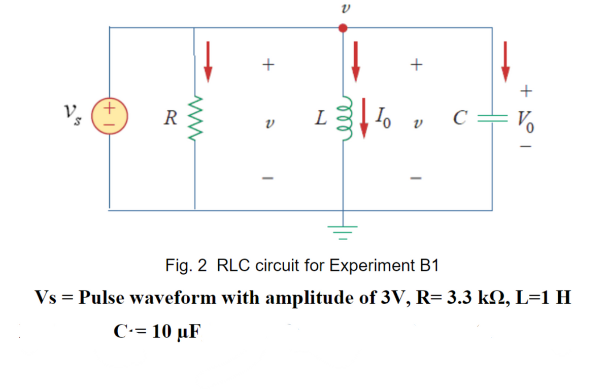 V
S
+1
R
+
V
L Io
+
v C
+ AI
Fig. 2 RLC circuit for Experiment B1
Vs = Pulse waveform with amplitude of 3V, R= 3.3 kN, L=1 H
C-= 10 µF