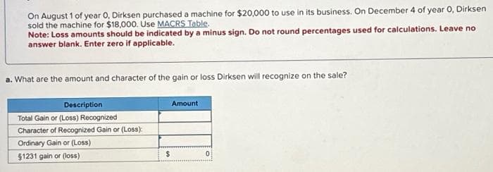 On August 1 of year 0, Dirksen purchased a machine for $20,000 to use in its business. On December 4 of year 0, Dirksen
sold the machine for $18,000. Use MACRS Table.
Note: Loss amounts should be indicated by a minus sign. Do not round percentages used for calculations. Leave no
answer blank. Enter zero if applicable.
a. What are the amount and character of the gain or loss Dirksen will recognize on the sale?
Description
Total Gain or (Loss) Recognized
Character of Recognized Gain or (Loss):
Ordinary Gain or (Loss)
§1231 gain or (loss)
$
Amount
0