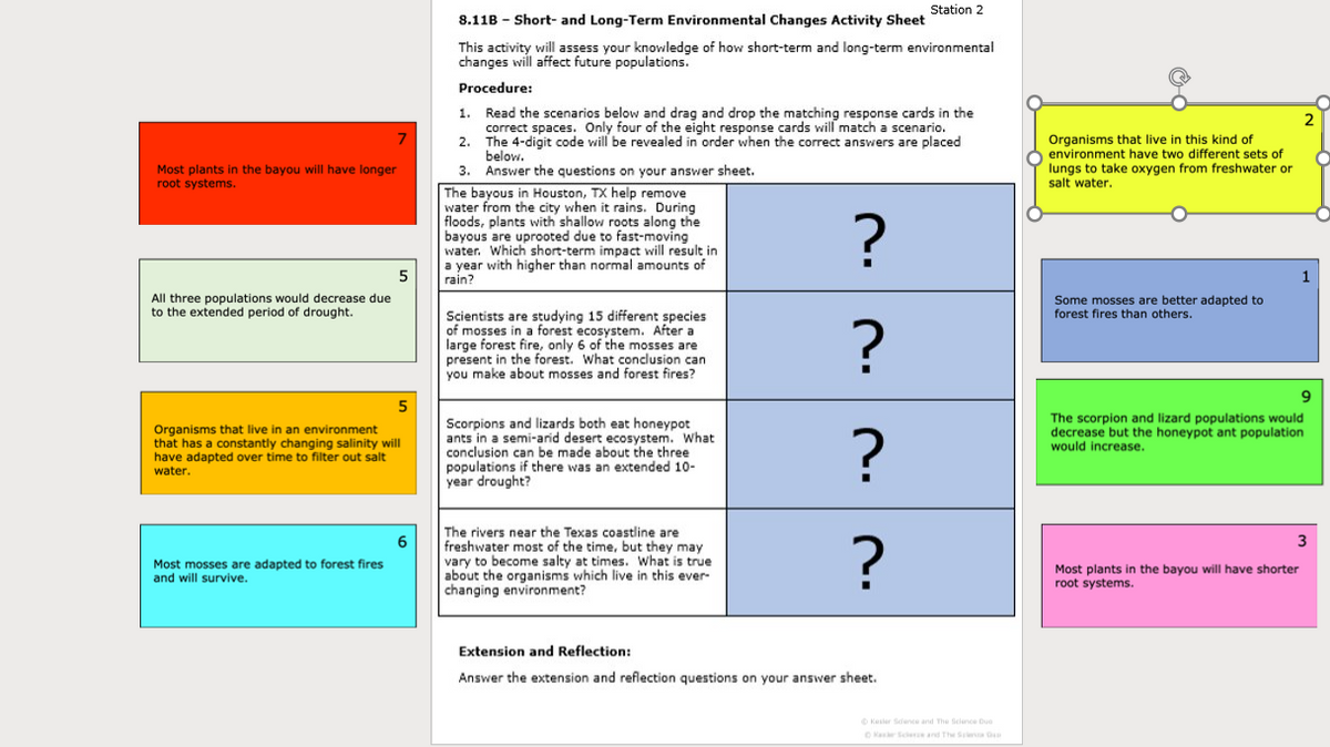 Station 2
8.11B - Short- and Long-Term Environmental Changes Activity Sheet
This activity will assess your knowledge of how short-term and long-term environmental
changes will affect future populations.
Procedure:
1. Read the scenarios below and drag and drop the matching response cards in the
correct spaces. Only four of the eight response cards will match a scenario.
2. The 4-digit code will be revealed in order when the correct answers are placed
below.
2
Organisms that live in this kind of
environment have two different sets of
lungs to take oxygen from freshwater or
salt water.
3. Answer the questions on your answer sheet.
The bayous in Houston, TX help remove
water from the city when it rains. During
floods, plants with shallow roots along the
bayous are uprooted due to fast-moving
water. Which short-term impact will result in
a year with higher than normal amounts of
rain?
Most plants in the bayou will have longer
root systems.
?
5
1.
All three populations would decrease due
to the extended period of drought.
Some mosses are better adapted to
forest fires than others.
Scientists are studying 15 different species
of mosses in a forest ecosystem. After a
large forest fire, only 6 of the mosses are
present in the forest. What conclusion can
you make about mosses and forest fires?
9
The scorpion and lizard populations would
decrease but the honeypot ant population
would increase.
Organisms that live in an environment
that has a constantly changing salinity will
have adapted over time to filter out salt
water.
Scorpions and lizards both eat honeypot
ants in a semi-arid desert ecosystem. What
conclusion can be made about the three
populations if there was an extended 10-
year drought?
?
The rivers near the Texas coastline are
freshwater most of the time, but they may
vary to become salty at times. What is true
about the organisms which live in this ever-
changing environment?
6
3
?
Most mosses are adapted to forest fires
and will survive.
Most plants in the bayou will have shorter
root systems.
Extension and Reflection:
Answer the extension and reflection questions on your answer sheet.
O Kesler Sance and The Selence Due
DKase Scle and The S
