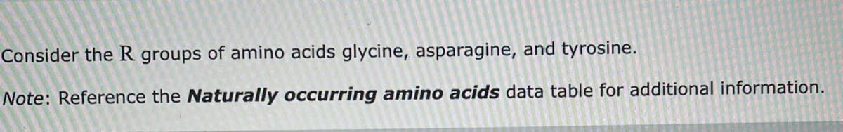 Consider the R groups of amino acids glycine, asparagine, and tyrosine.
Note: Reference the Naturally occurring amino acids data table for additional information.