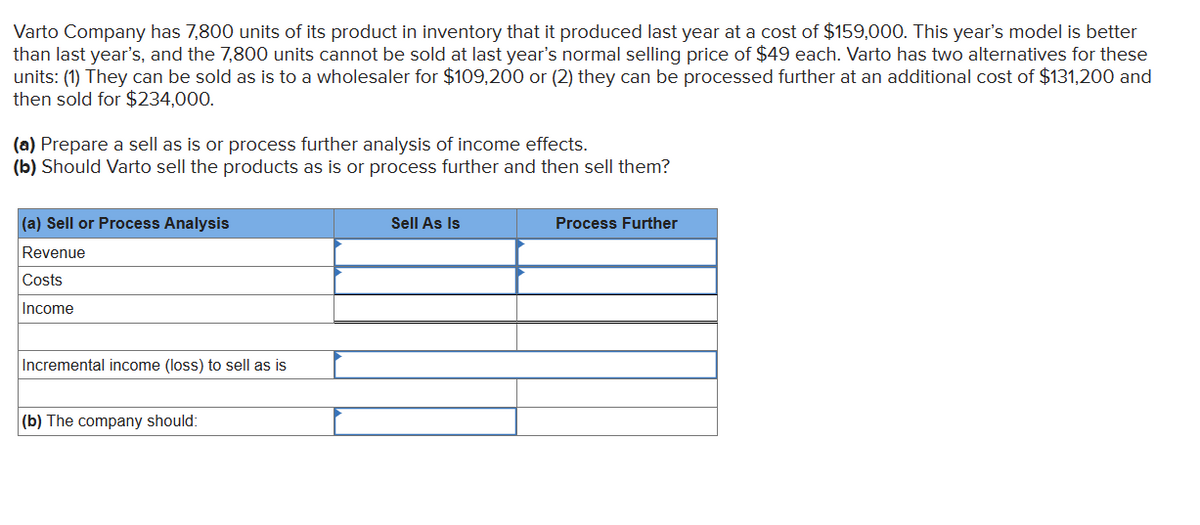 Varto Company has 7,800 units of its product in inventory that it produced last year at a cost of $159,000. This year's model is better
than last year's, and the 7,800 units cannot be sold at last year's normal selling price of $49 each. Varto has two alternatives for these
units: (1) They can be sold as is to a wholesaler for $109,200 or (2) they can be processed further at an additional cost of $131,200 and
then sold for $234,000.
(a) Prepare a sell as is or process further analysis of income effects.
(b) Should Varto sell the products as is or process further and then sell them?
(a) Sell or Process Analysis
Revenue
Costs
Income
Incremental income (loss) to sell as is
(b) The company should:
Sell As Is
Process Further