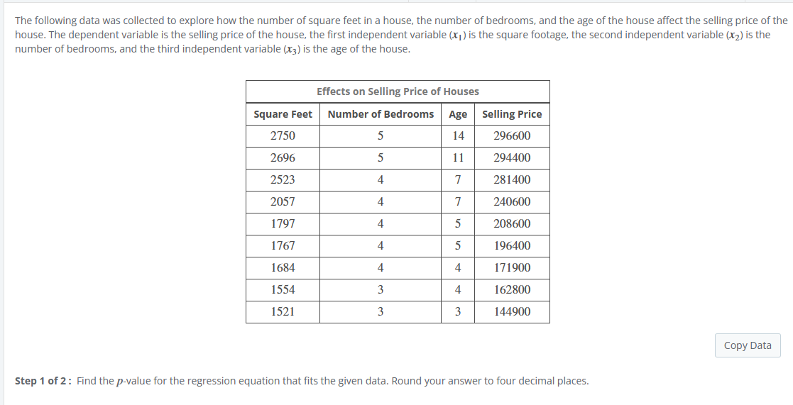 The following data was collected to explore how the number of square feet in a house, the number of bedrooms, and the age of the house affect the selling price of the
house. The dependent variable is the selling price of the house, the first independent variable (x1) is the square footage, the second independent variable (x2) is the
number of bedrooms, and the third independent variable (x3) is the age of the house.
Effects on Selling Price of Houses
Square Feet Number of Bedrooms Age Selling Price
2750
5
14
296600
2696
5
11
294400
2523
4
7
281400
2057
4
7
240600
1797
4
5
208600
1767
4
5
196400
1684
4
4
171900
1554
3
4
162800
1521
3
3
144900
Step 1 of 2: Find the p-value for the regression equation that fits the given data. Round your answer to four decimal places.
Copy Data