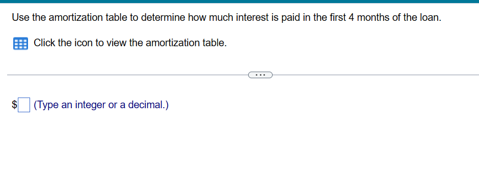 Use the amortization table to determine how much interest is paid in the first 4 months of the loan.
Click the icon to view the amortization table.
$
(Type an integer or a decimal.)