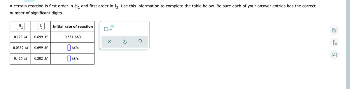 A certain reaction is first order in H, and first order in I,. Use this information to complete the table below. Be sure each of your answer entries has the correct
number of significant digits.
[4.]
H,
[1]
initial rate of reaction
x10
0.123 M
0.699 M
0.531 M/s
?
olo
() Mis
0.0357 M
0.699 M
Ar
0.426 M
0.202 M
||M/s
