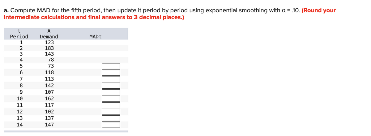 a. Compute MAD for the fifth period, then update it period by period using exponential smoothing with a = .10. (Round your
intermediate calculations and final answers to 3 decimal places.)
t
A
Period
Demand
123
183
143
78
MADT
1
3
4
73
6.
118
7
113
8.
142
9.
107
10
162
11
117
12
102
13
137
14
147
