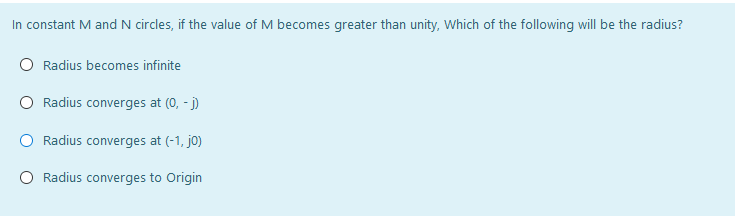 In constant M and N circles, if the value of M becomes greater than unity, Which of the following will be the radius?
Radius becomes infinite
Radius converges at (0, - )
Radius converges at (-1, jo)
O Radius converges to Origin
