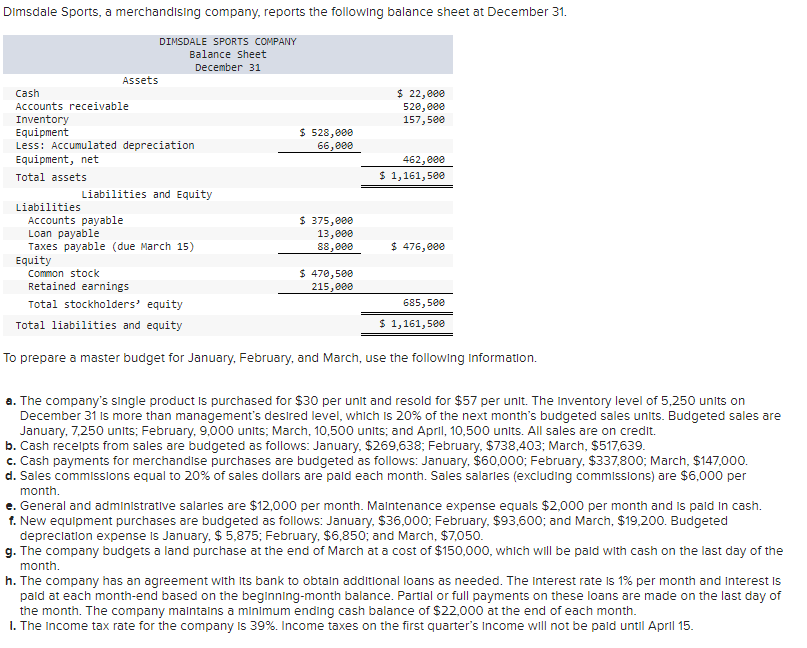 Dimsdale Sports, a merchandising company, reports the following balance sheet at December 31.
DIMSDALE SPORTS COMPANY
Balance Sheet
December 31
Assets
Cash
Accounts receivable
Inventory
Equipment
Less: Accumulated depreciation
Equipment, net
Total assets
Liabilities
Liabilities and Equity
Accounts payable
Loan payable
Taxes payable (due March 15)
Equity
$ 528,000
66,000
$ 375,000
13,000
88,000
$ 22,000
520,000
157,500
$ 470,500
215,000
462,000
$ 1,161,500
$ 476,000
Common stock
Retained earnings
Total stockholders' equity
Total liabilities and equity
To prepare a master budget for January, February, and March, use the following information.
685,500
$ 1,161,500
a. The company's single product is purchased for $30 per unit and resold for $57 per unit. The Inventory level of 5,250 units on
December 31 is more than management's desired level, which is 20% of the next month's budgeted sales units. Budgeted sales are
January, 7,250 units; February, 9,000 units; March, 10,500 units; and April, 10,500 units. All sales are on credit.
b. Cash receipts from sales are budgeted as follows: January, $269,638; February, $738,403; March, $517,639.
c. Cash payments for merchandise purchases are budgeted as follows: January, $60,000; February, $337,800; March, $147,000.
d. Sales commissions equal to 20% of sales dollars are paid each month. Sales salaries (excluding commissions) are $6,000 per
month.
e. General and administrative salaries are $12,000 per month. Maintenance expense equals $2,000 per month and is paid in cash.
f. New equipment purchases are budgeted as follows: January, $36,000; February, $93,600; and March, $19,200. Budgeted
depreciation expense is January, $ 5,875; February, $6,850; and March, $7,050.
g. The company budgets a land purchase at the end of March at a cost of $150,000, which will be paid with cash on the last day of the
month.
h. The company has an agreement with its bank to obtain additional loans as needed. The Interest rate is 1% per month and Interest is
paid at each month-end based on the beginning-month balance. Partial or full payments on these loans are made on the last day of
the month. The company maintains a minimum ending cash balance of $22,000 at the end of each month.
1. The Income tax rate for the company is 39%. Income taxes on the first quarter's Income will not be paid until April 15.