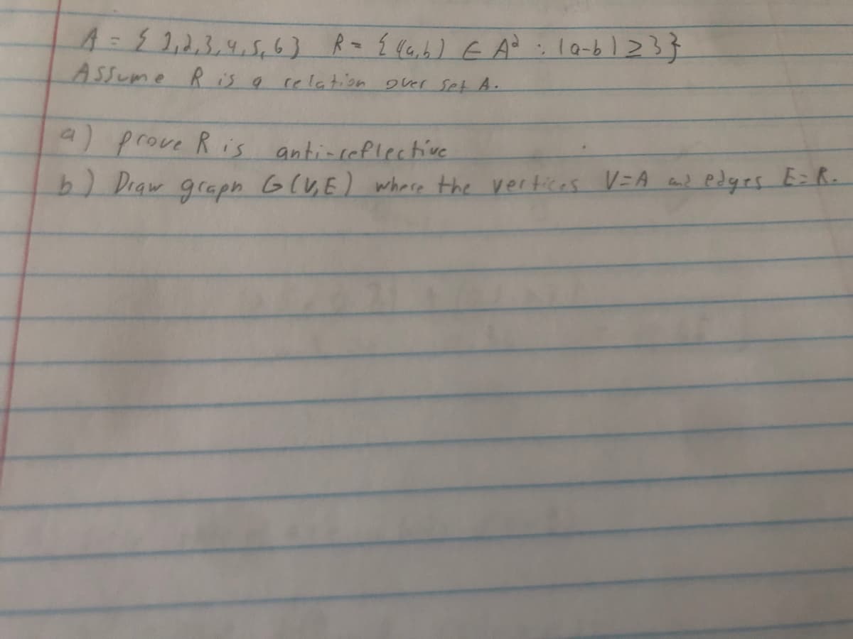 4:11,2,3.4.56] R- { le,b) A :la-b123}
Assume R is 9 relation over set A.
) prove Ri's anti-reflecthive
liaw graph GlV,E) where the verticas V=A and edges E R.
