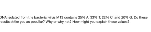 DNA isolated from the bacterial virus M13 contains 25% A, 33% T, 22% C, and 20% G. Do these
results strike you as peculiar? Why or why not? How might you explain these values?
