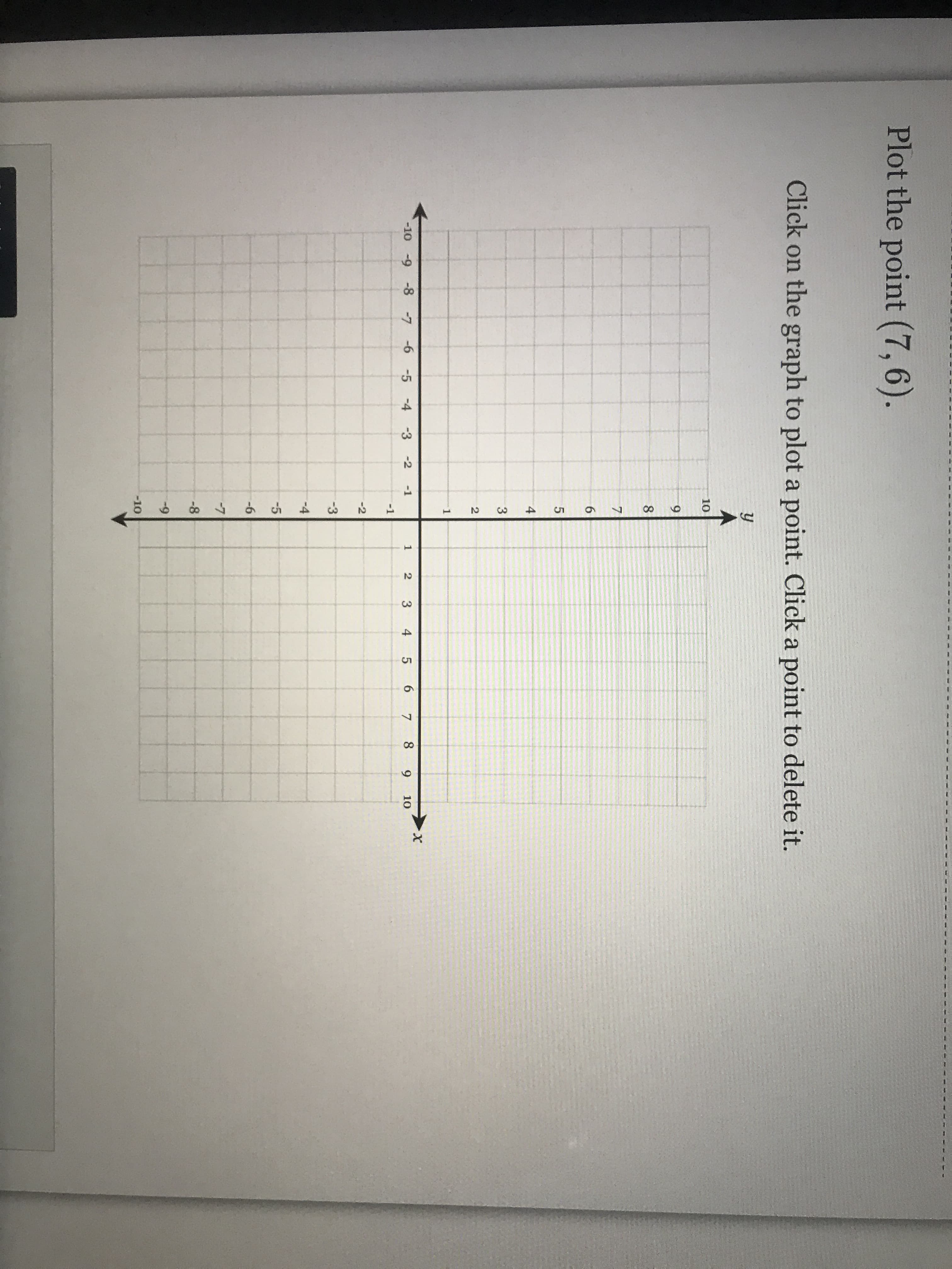 51
Plot the point (7,6).
Click on the graph to plot a point. Click a point to delete it.
10
6.
8
6.
4
