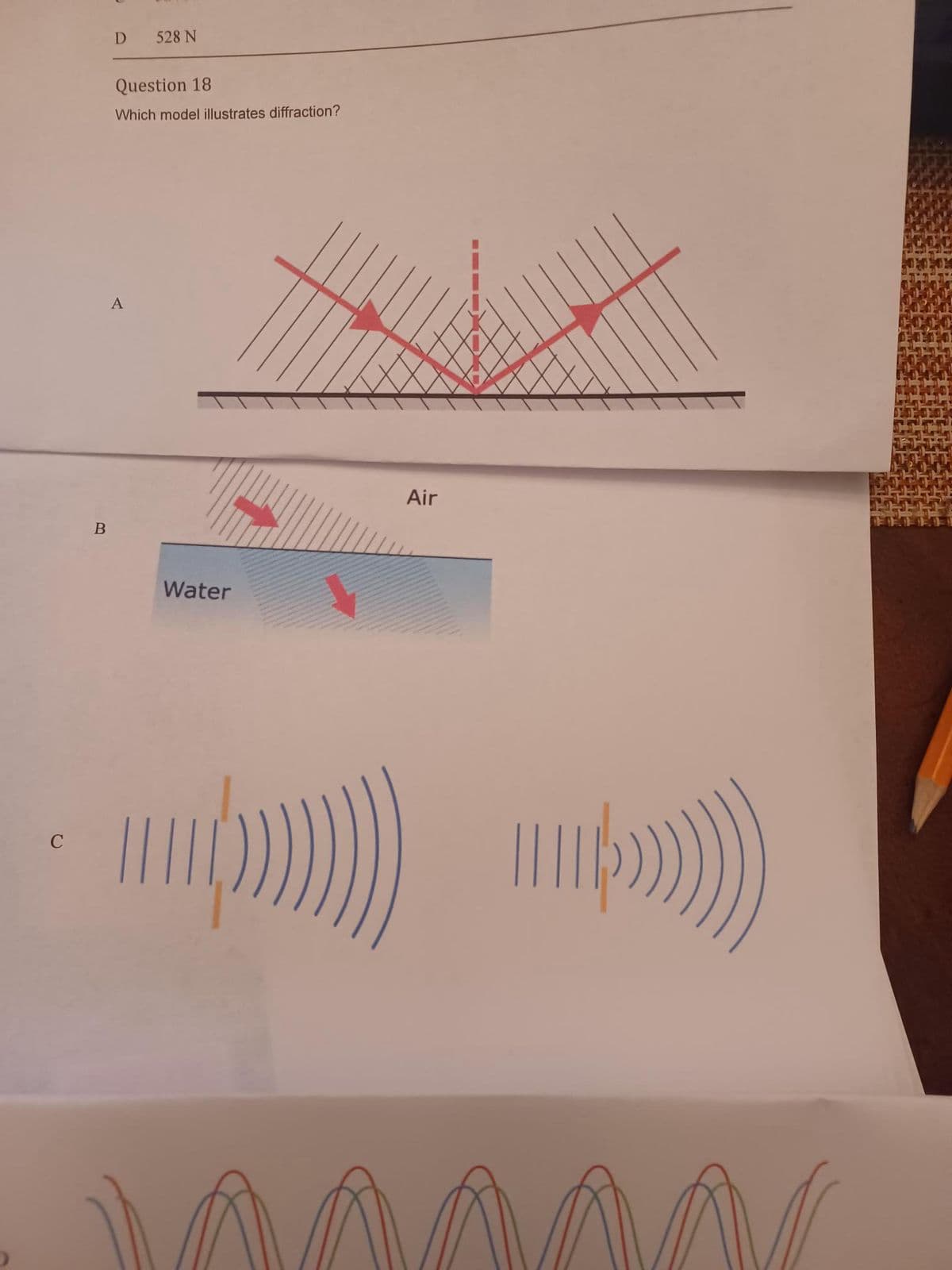 C
B
D
528 N
Question 18
Which model illustrates diffraction?
Water
Air
(())))
>)