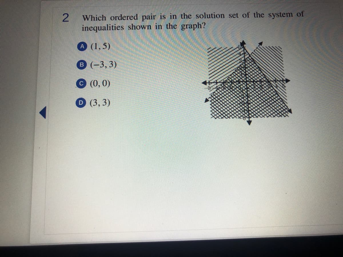 Which ordered pair is in the solution set of the system of
inequalities shown in the graph?
A (1,5)
B (-3, 3)
(0,0)
D (3,3)
2.
