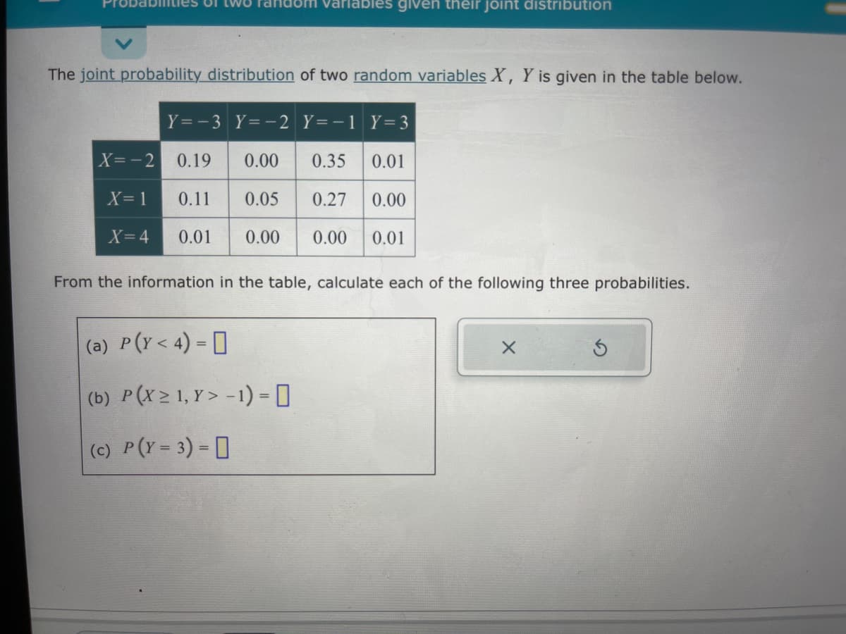 om variables given their joint distribution
The joint probability distribution of two random variables X, Y is given in the table below.
Y=-3 Y=-2 Y=-1 Y=3
X=-2 0.19 0.00 0.35 0.01
X=1 0.11 0.05 0.27 0.00
X=4
0.01 0.00 0.00 0.01
From the information in the table, calculate each of the following three probabilities.
(a) P(Y<4)-
(b) P(X≥ 1, Y> -1) = 0
(c) P (Y=3)-