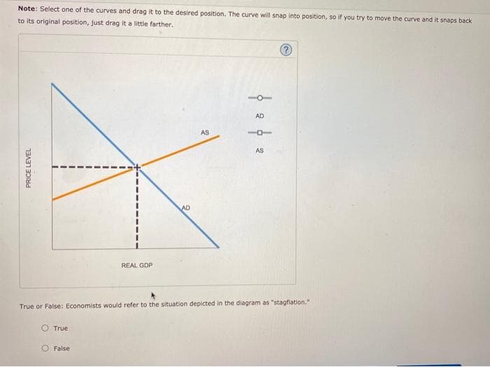 Note: Select one of the curves and drag it to the desired position. The curve will snap into position, so if you try to move the curve and it snaps back
to its original position, just drag it a little farther.
PRICE LEVEL
True
REAL GDP
False
AD
AS
True or False: Economists would refer to the situation depicted in the diagram as "stagflation."
0 2 0 2