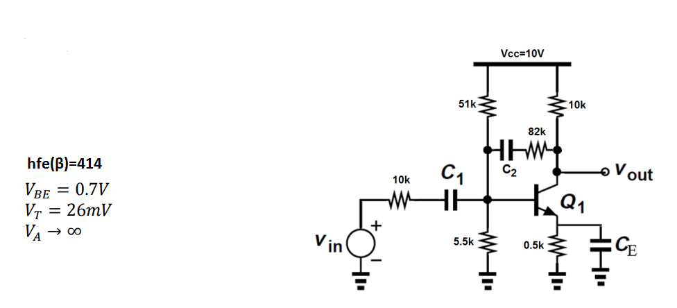 Vcc=10V
51k
10k
82k
oVout
hfe(B)=414
C1
C2
10k
= 0.7V
VBe
VT = 26mV
VA
Vin'
CE
→ 00
5.5k
0.5k
