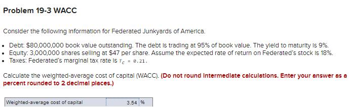 Problem 19-3 WACC
Consider the following information for Federated Junkyards of America.
• Debt: $80,000,000 book value outstanding. The debt is trading at 95% of book value. The yleld to maturity is 9%.
Equity. 3,000,000 shares selling at $47 per share. Assume the expected rate of return on Federated's stock is 18%.
• Taxes: Federated's marginal tax rate Is Tc = 0.21.
Calculate the weighted-average cost of capital (WACC). (Do not round Intermedlate calculatlons. Enter your answer as a
percent rounded to 2 decimal places.)
Weighted-average cost of capital
3.54 %
