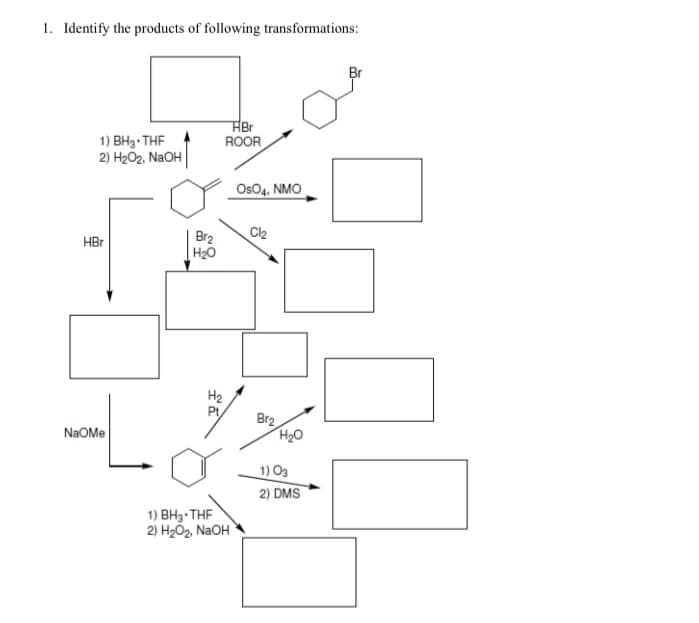 1. Identify the products of following transformations:
HBr
ROOR
1) BH3 THF
2) H2O2, N2OH
Os04, NMO
Cl2
Br2
H20
HBr
H2
Br2
H20
1) O3
2) DMS
1) BH3- THF
2) H2Ő2, NaOH
