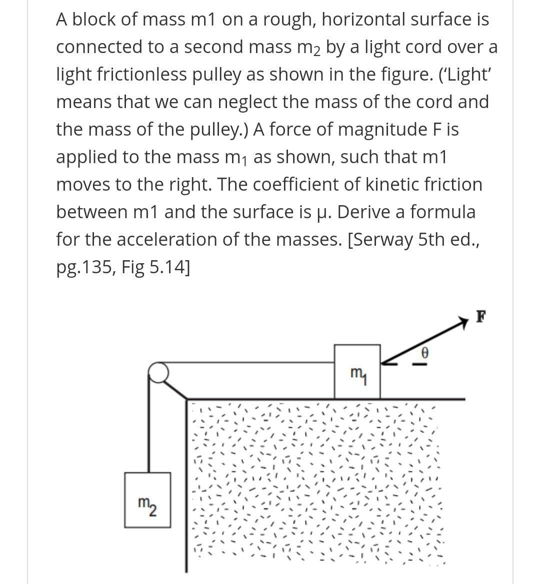 A block of mass m1 on a rough, horizontal surface is
connected to a second mass m2 by a light cord over a
light frictionless pulley as shown in the figure. ('Light'
means that we can neglect the mass of the cord and
the mass of the pulley.) A force of magnitude F is
applied to the mass m1 as shown, such that m1
moves to the right. The coefficient of kinetic friction
between m1 and the surface is u. Derive a formula
for the acceleration of the masses. [Serway 5th ed.,
pg.135, Fig 5.14]
F
my
m2
